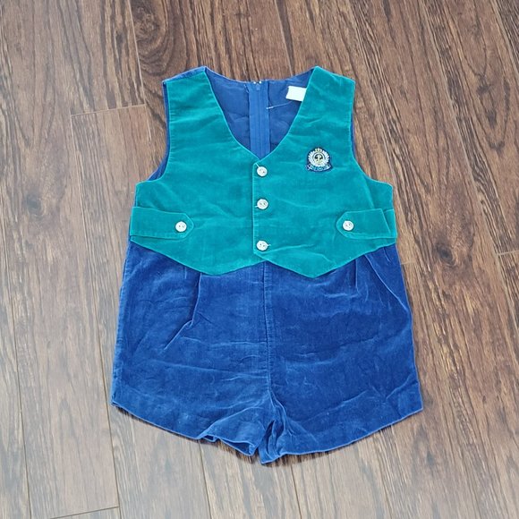 Vintage Boys Romper Suit Velvet One Piece Boy Zippered Sleeveless Blue Green 4T - Picture 1 of 10
